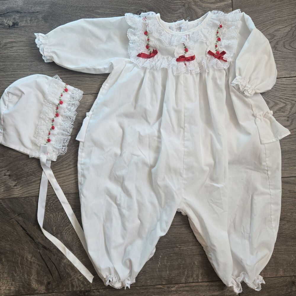 VTG Alexis Baby Girl 3M White Lace Romper Bonnet Red Roses Heirloom Cottagecore
